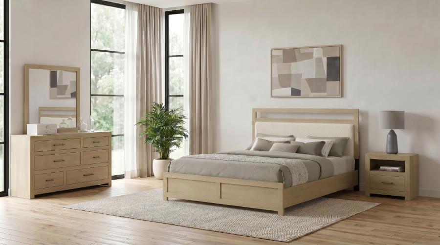 Light Oak 4-Piece Queen Bedroom Set with Cream Boucle Headboard – 222651Q-S4