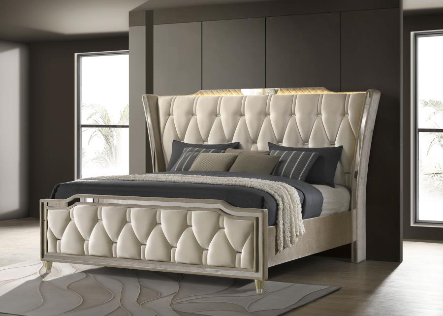 Coaster 222661Q  Lorient ivory and camel fabric upholstered LED accents flared headboard queen bed