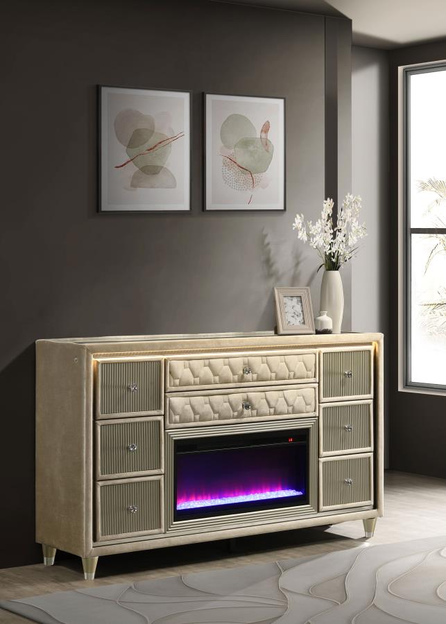Lorient Ivory & Camel Velvet Upholstered Dresser with Flame Box LED  – 222663FB