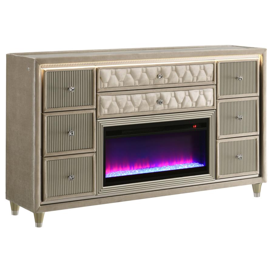 Lorient Ivory & Camel Velvet Upholstered Dresser with Flame Box LED  – 222663FB