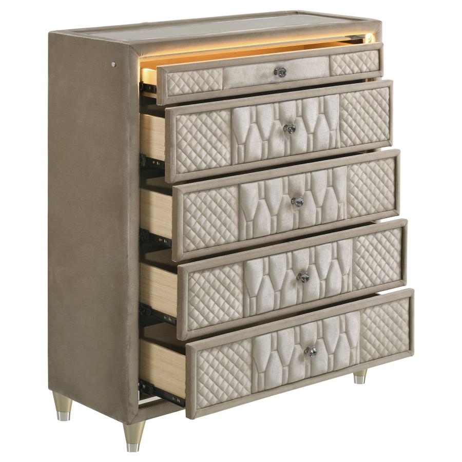 Lorient Ivory & Camel Velvet Upholstered 5 drawer Tall chest – 222665