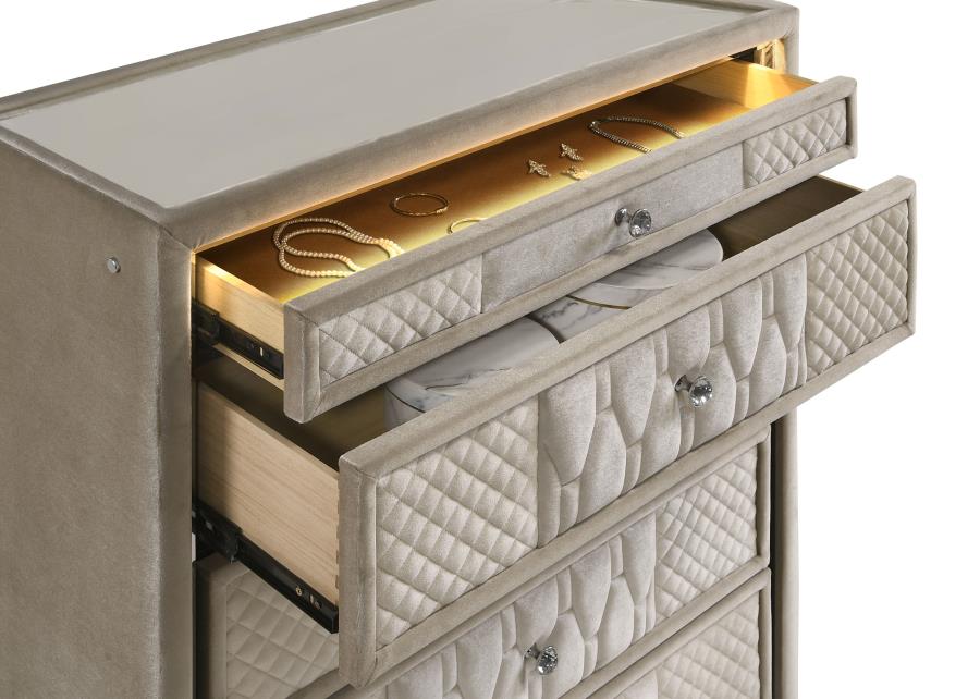 Lorient Ivory & Camel Velvet Upholstered 5 drawer Tall chest – 222665