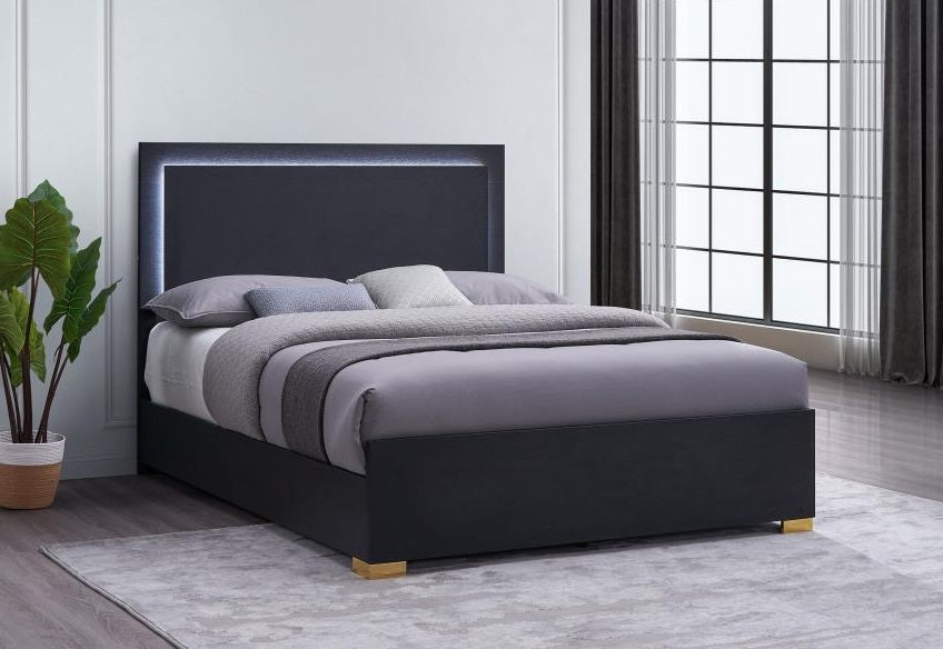 Coaster 222831Q  Rosdorf park marceline modern black finish wood gold accents and LED accent lighting queen bed
