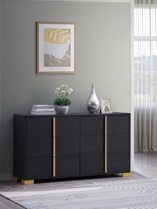 Coaster 222833  Rosdorf park marceline modern black finish wood gold accents 6 drawer dresser