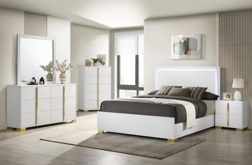 222931Q-S4 Marceline 4-Piece Modern White & Gold Queen Bedroom Set with LED Lighting