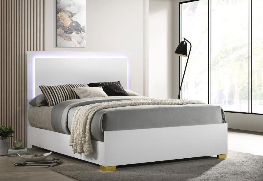 Coaster 222931Q  Rosdorf park marceline modern white finish wood gold accents and LED accent lighting queen bed