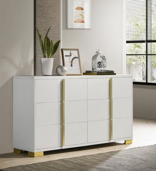 Coaster 222933  Rosdorf park marceline modern white finish wood gold accents 6 drawer dresser