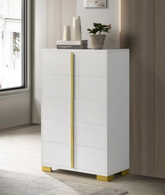 Coaster 222935  Rosdorf park marceline modern white finish wood gold accents 5 drawer chest