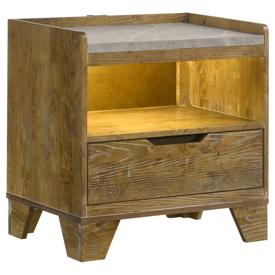 Henderson Medium Oak Finish Wood Grey Faux Marble 1-Drawer LED Nightstand – 222972