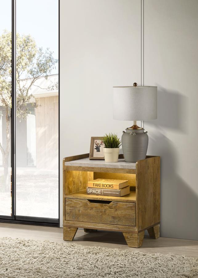 Henderson Medium Oak Finish Wood Grey Faux Marble 1-Drawer LED Nightstand – 222972