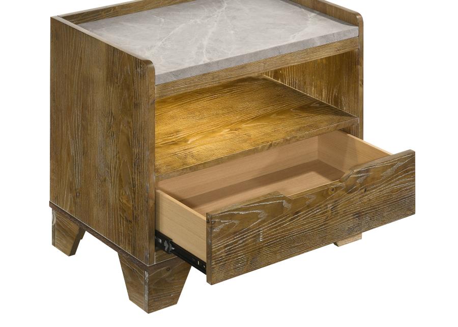 Henderson Medium Oak Finish Wood Grey Faux Marble 1-Drawer LED Nightstand – 222972