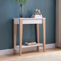 223054  White and weathered white finish wood sofa entry console table with drawer and lower shelf