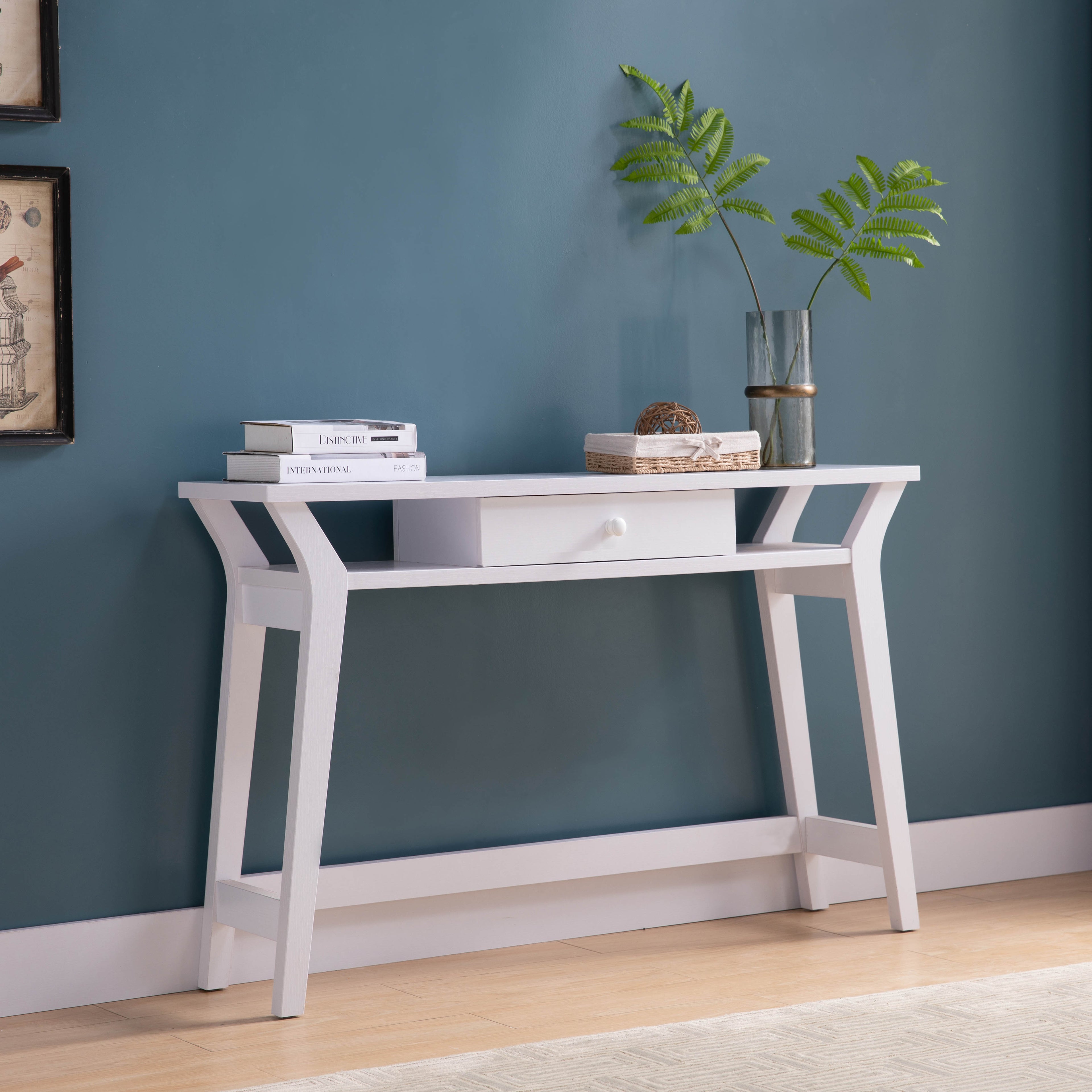223055  White finish wood sofa entry console table with drawer