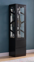 223059  Black finish wood curio cabinet with LED lighting and 2 lower drawers with glass shelves inside