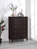 Coaster 223065  Rosdorf park emberlyn brown finish wood 5 drawer tall chest taper legs mid century style
