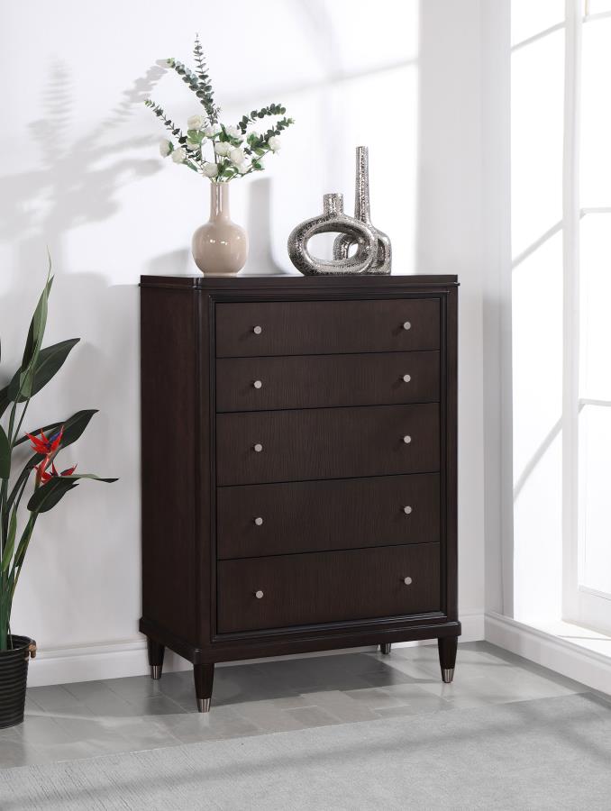 Coaster 223065  Rosdorf park emberlyn brown finish wood 5 drawer tall chest taper legs mid century style