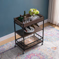 223089  Walnut oak finish wood black metal frame kitchen island tea serving cart with casters and wine holders