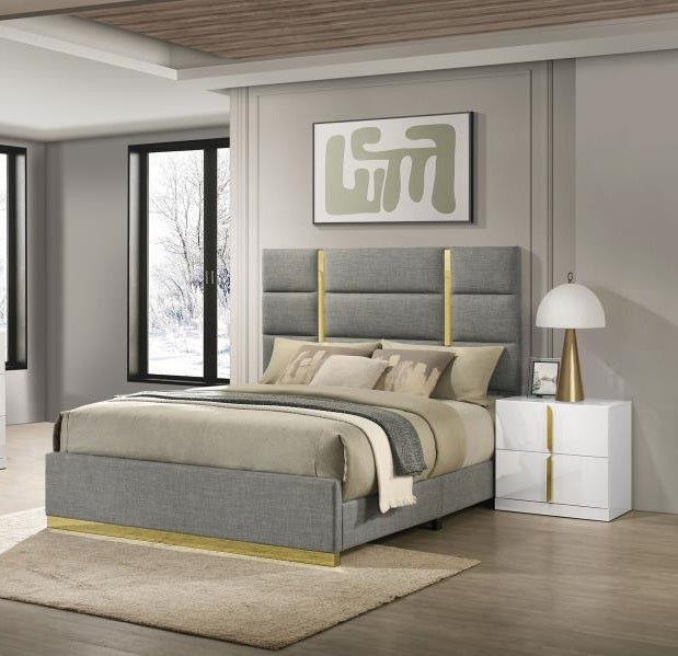 Coaster 223091GRYQ-S4 4 pc Ines white high gloss finish wood queen bedroom set grey fabric upholstered bed gold accents