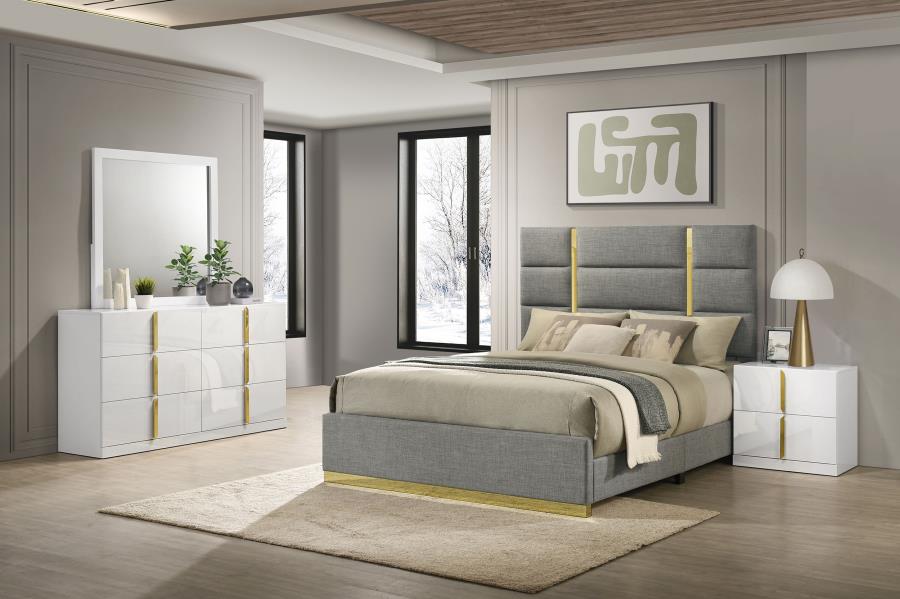 Coaster 223091GRYQ-S4 4 pc Ines white high gloss finish wood queen bedroom set grey fabric upholstered bed gold accents