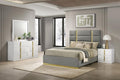 Coaster 223091GRYQ-S4 4 pc Ines white high gloss finish wood queen bedroom set grey fabric upholstered bed gold accents