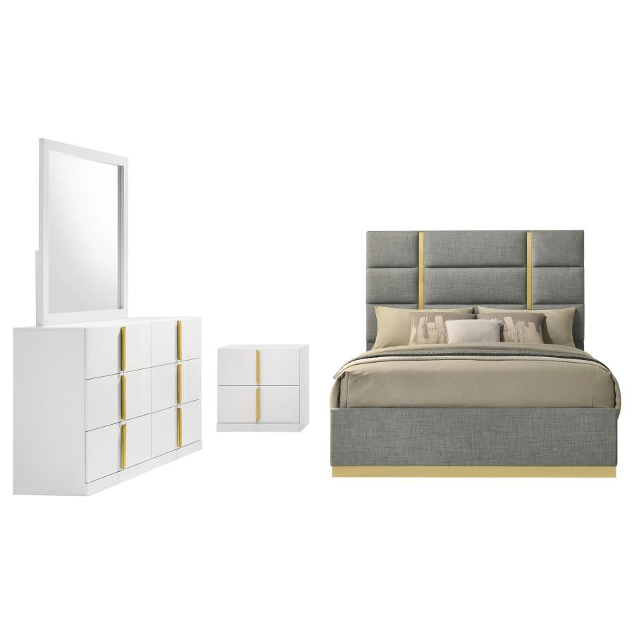 Coaster 223091GRYQ-S4 4 pc Ines white high gloss finish wood queen bedroom set grey fabric upholstered bed gold accents