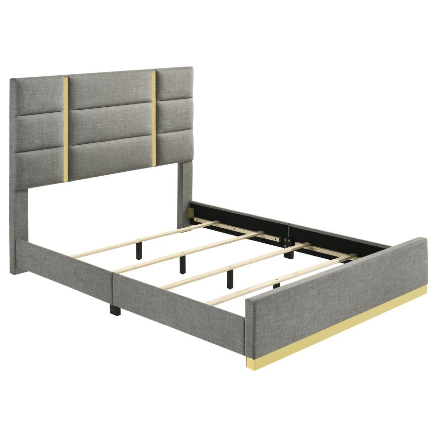 Coaster 223091GRYQ-S4 4 pc Ines white high gloss finish wood queen bedroom set grey fabric upholstered bed gold accents