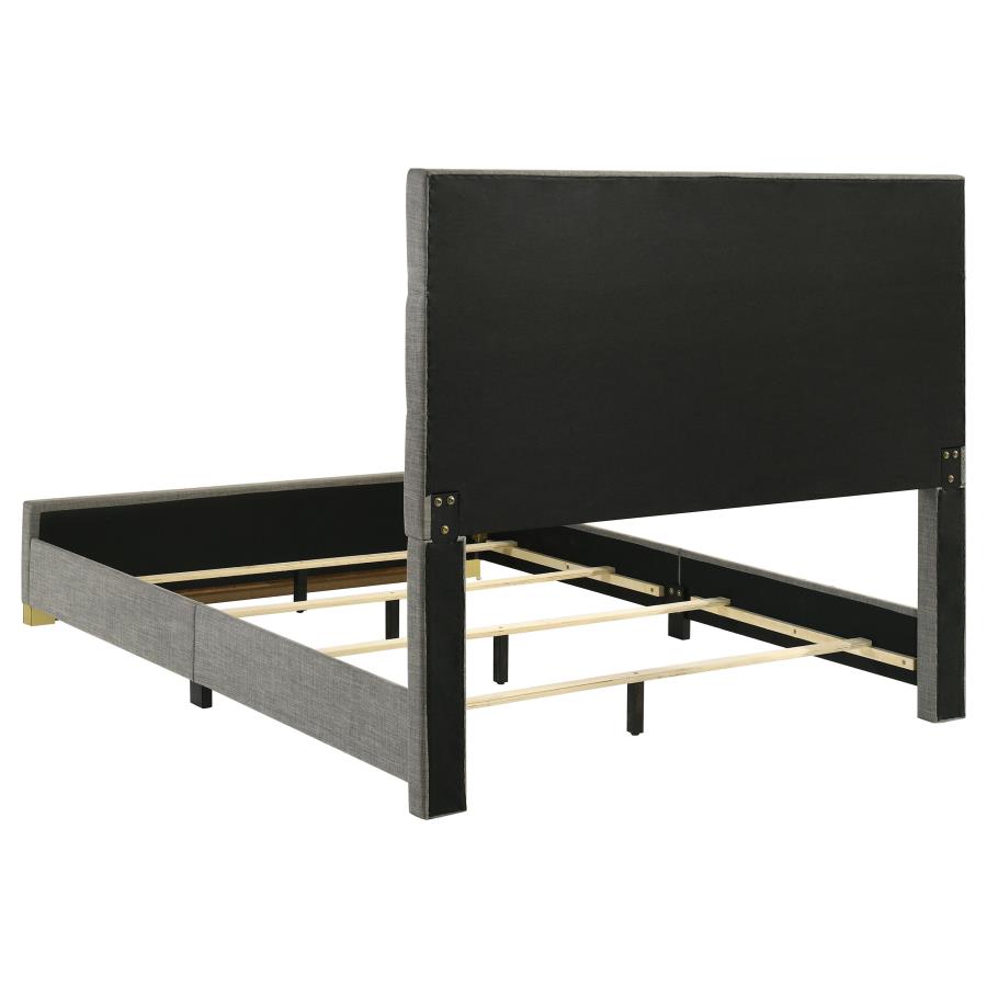 Coaster 223091GRYQ-S4 4 pc Ines white high gloss finish wood queen bedroom set grey fabric upholstered bed gold accents