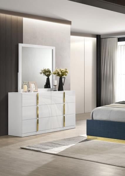 Coaster 223091NVYQ-S4 4 pc Ines white high gloss finish wood queen bedroom set navy fabric upholstered bed gold accents