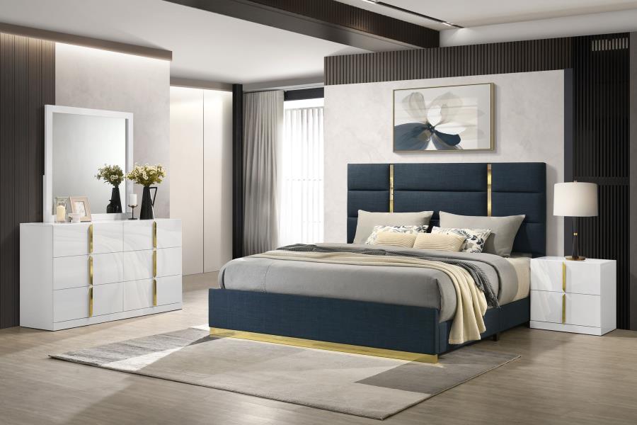 Coaster 223091NVYQ-S4 4 pc Ines white high gloss finish wood queen bedroom set navy fabric upholstered bed gold accents