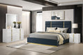 Coaster 223091NVYQ-S4 4 pc Ines white high gloss finish wood queen bedroom set navy fabric upholstered bed gold accents