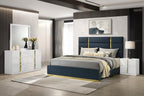 Coaster 223091NVYQ-S4 4 pc Ines white high gloss finish wood queen bedroom set navy fabric upholstered bed gold accents