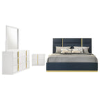 Coaster 223091NVYQ-S4 4 pc Ines white high gloss finish wood queen bedroom set navy fabric upholstered bed gold accents