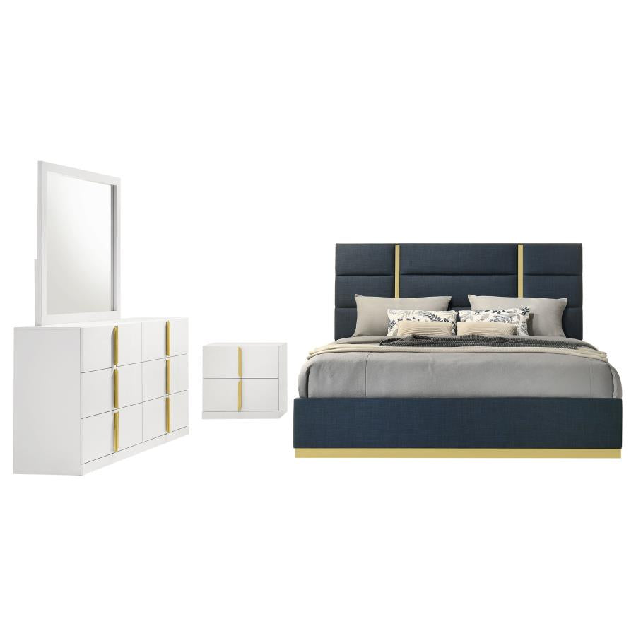 Coaster 223091NVYQ-S4 4 pc Ines white high gloss finish wood queen bedroom set navy fabric upholstered bed gold accents