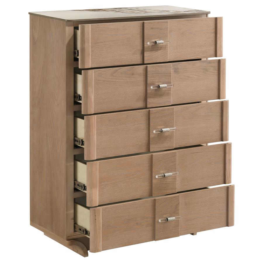 Leanne 5-Drawer Sintered Stone Top Chest of Drawers Light Oak – 223135