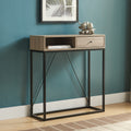 223140  Dark taupe finish wood black metal frame sofa entry console table with drawer
