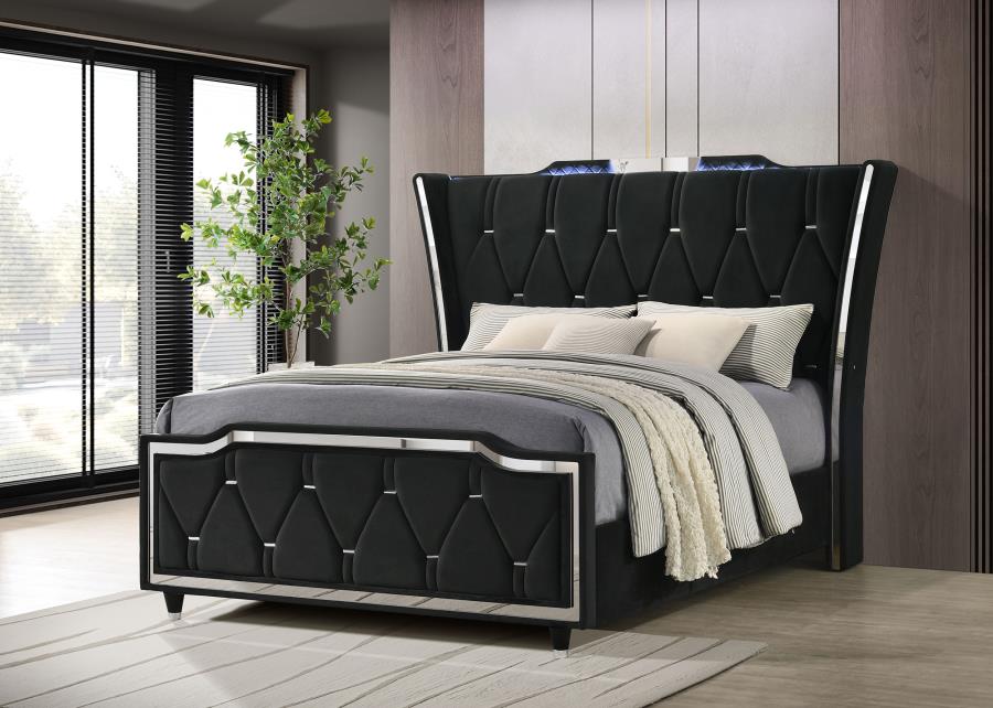 Coaster 223161Q  Lorient black fabric upholstered LED accents flared headboard queen bed
