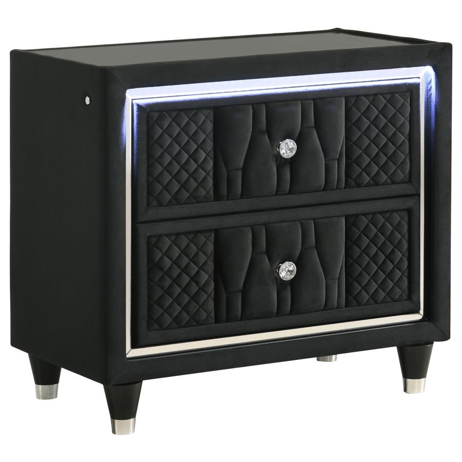 Coaster 223162 Lorient black velvet fabric upholstered nightstand silver accents with LED and USB