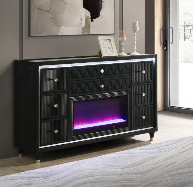 Coaster 223163FB  Lorient black fabric upholstered LED fireplace flame box 8 drawer dresser