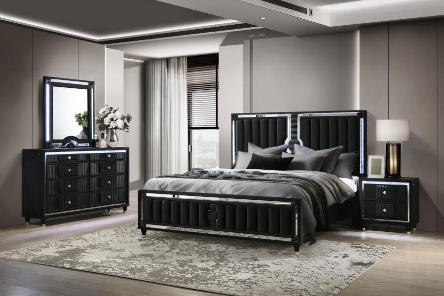 Coaster 223191Q-S4 4 pc Ravenne black velvet fabric upholstered LED accents queen bedroom set