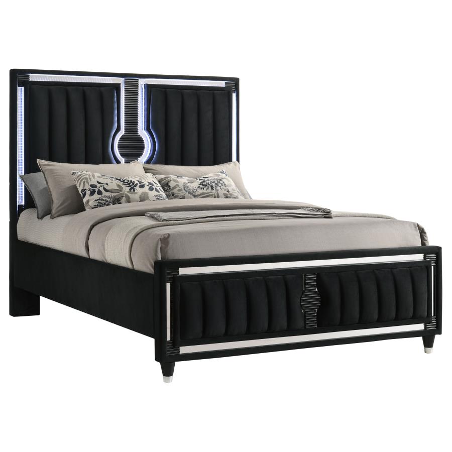 Coaster 223191Q-S4 4 pc Ravenne black velvet fabric upholstered LED accents queen bedroom set