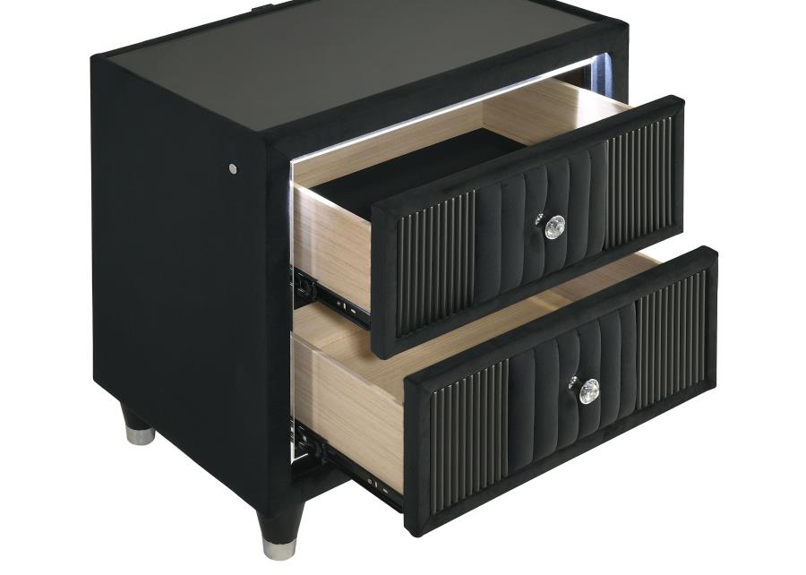 Ravenne 2-Drawer Velvet Upholstered LED Nightstand with USB Black – 223192