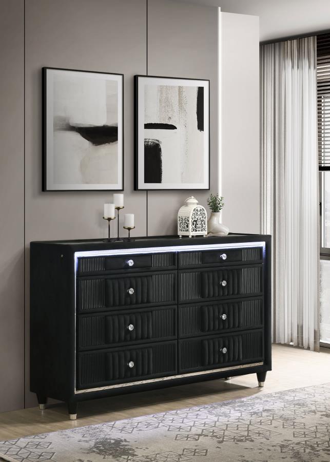 Ravenne 8-Drawer Velvet Upholstered LED Dresser Black – 223193