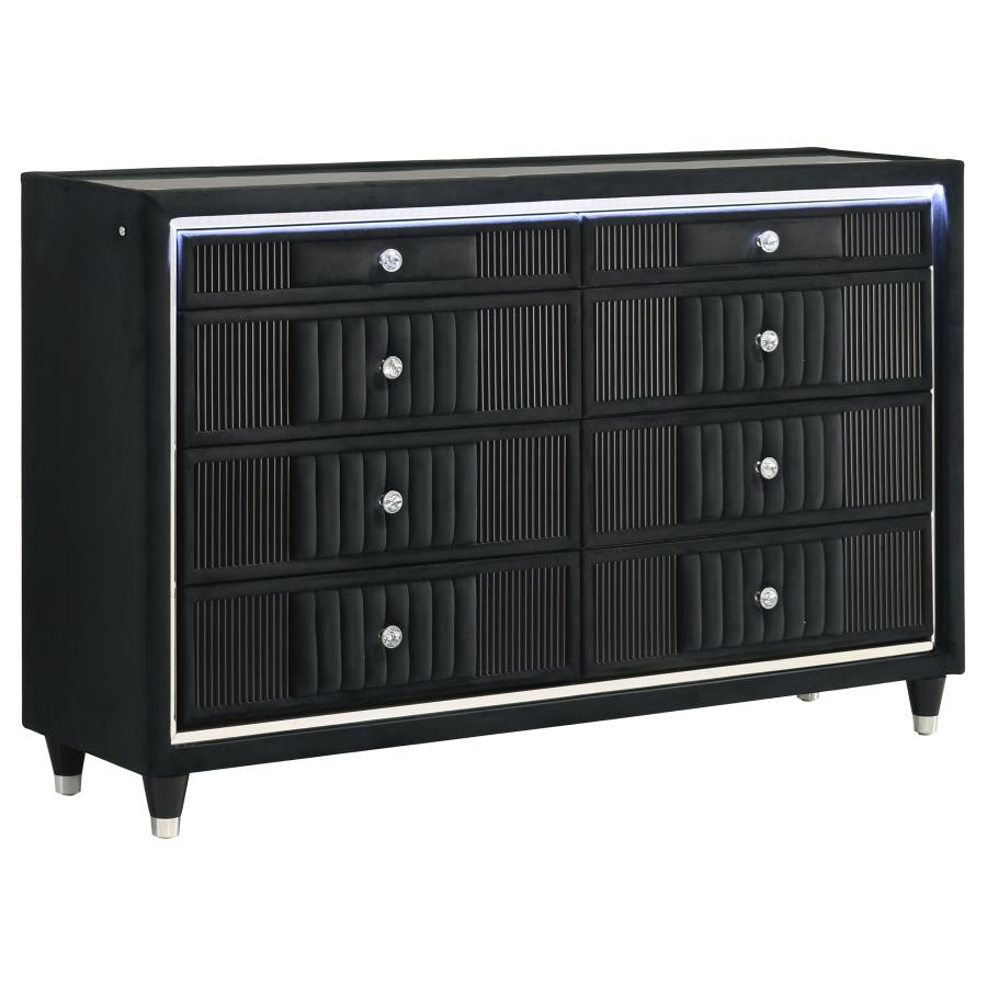 Ravenne 8-Drawer Velvet Upholstered LED Dresser Black – 223193