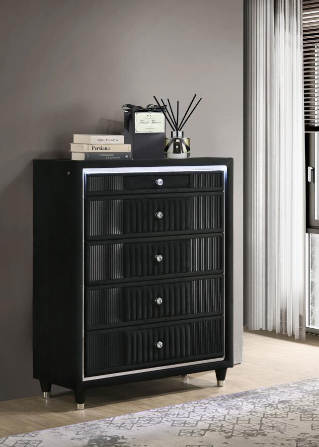 Ravenne 5-Drawer Velvet Upholstered LED Chest of Drawers Black – 223195