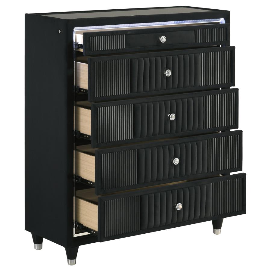 Ravenne 5-Drawer Velvet Upholstered LED Chest of Drawers Black – 223195