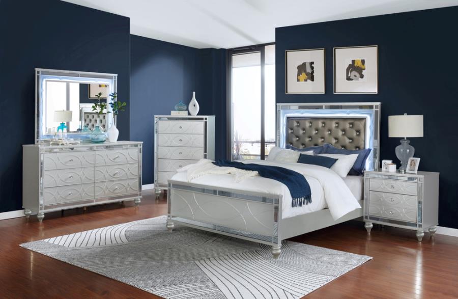 Coaster 223211Q 4 pc Rosdorf park lavallee gunnison silver metallic finish wood and metallic leatherette headboard queen bed set