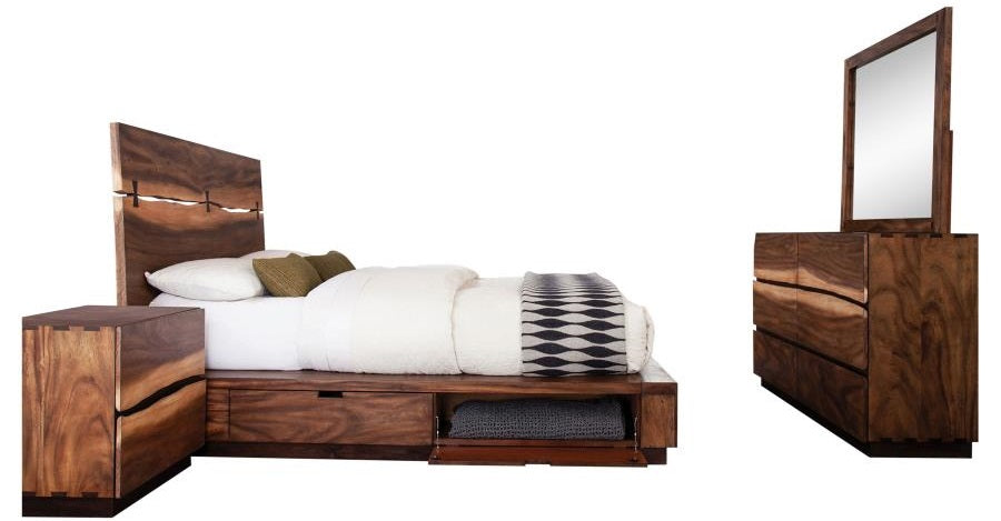 Coaster 223250SQ 4 pc Winslow smokey walnut coffee bean finish wood live natural edge look headboard side storage bedroom set