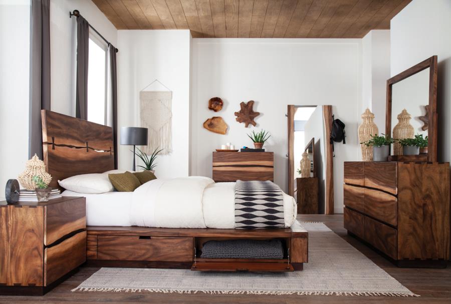 Coaster 223250SQ 4 pc Winslow smokey walnut coffee bean finish wood live natural edge look headboard side storage bedroom set