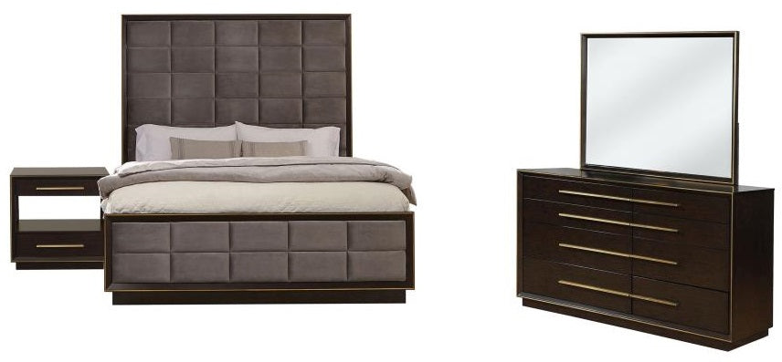 Coaster 223261Q 4 pc Durango smoked peppercorn finish wood grey velvet padded modern style queen headboard bedroom set