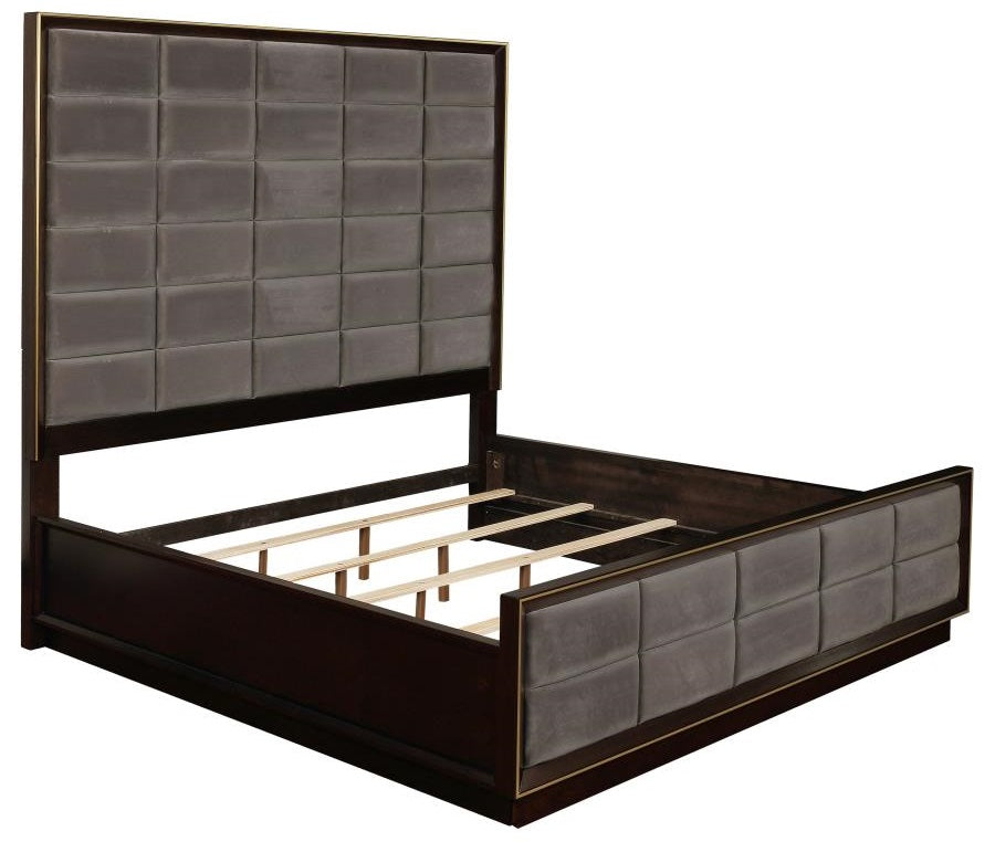 Coaster 223261Q 4 pc Durango smoked peppercorn finish wood grey velvet padded modern style queen headboard bedroom set